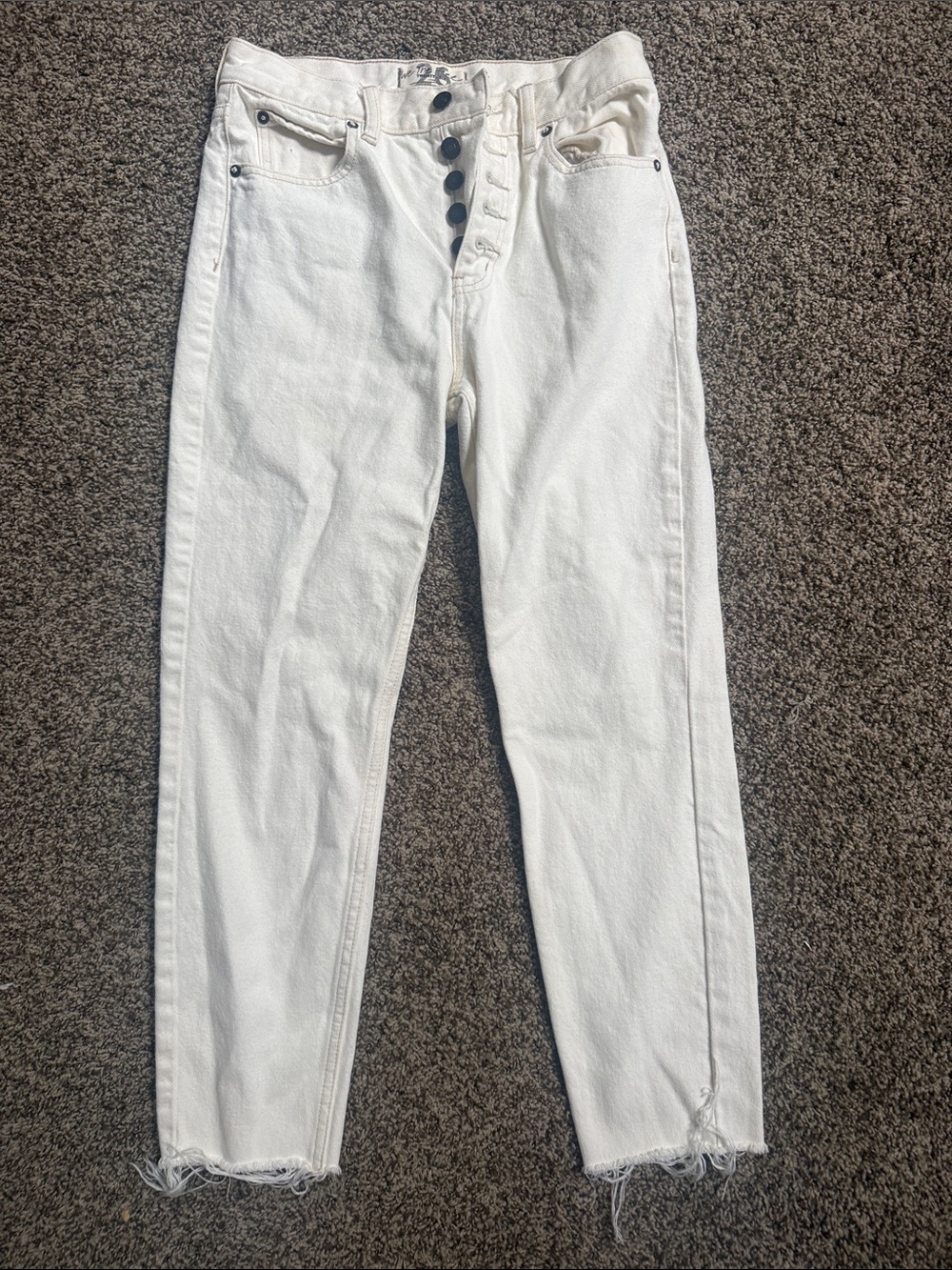 Free People White Button-Fly Raw Hem Jeans